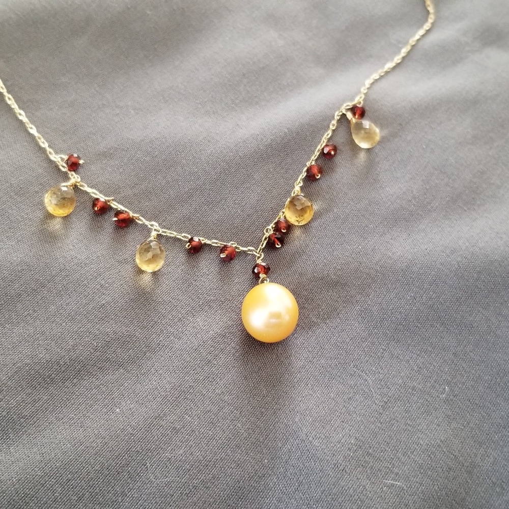 14k Gold Garnet, Citrine & Pearl necklace